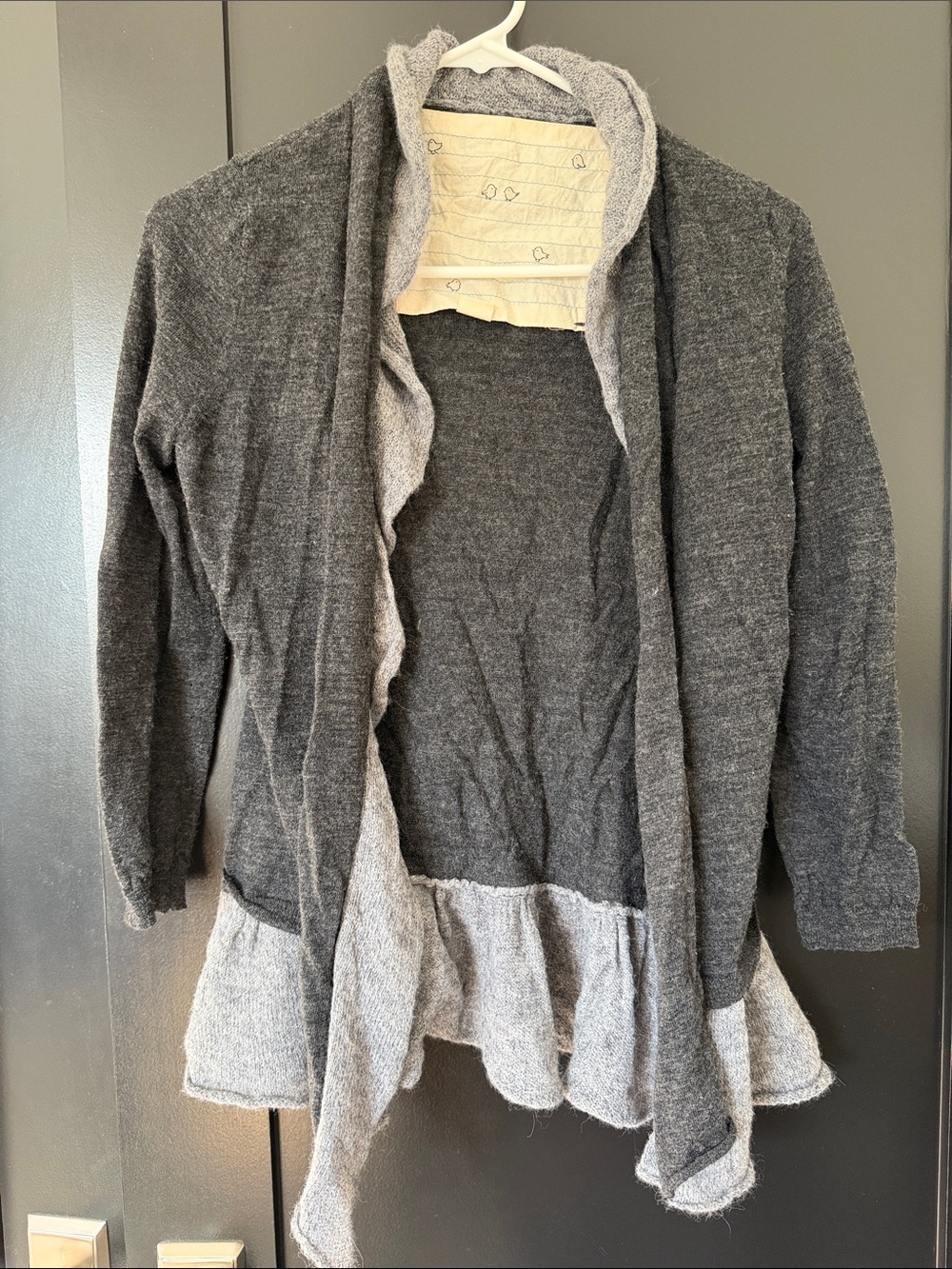 Anthropologie Two-Tone Gray Open Ruffle-Hem Cardigan